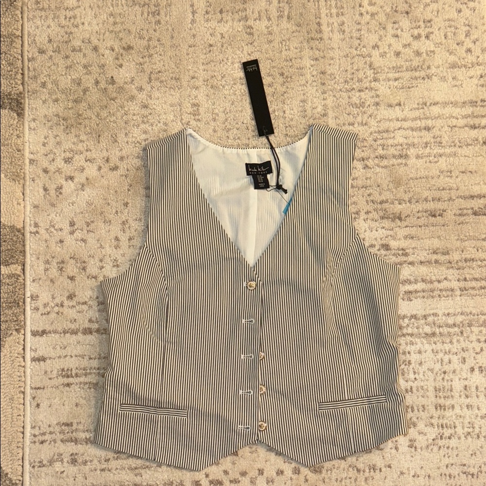 Nicole Miller -  Black and White Pinstripe V-Neck Button Front Vest